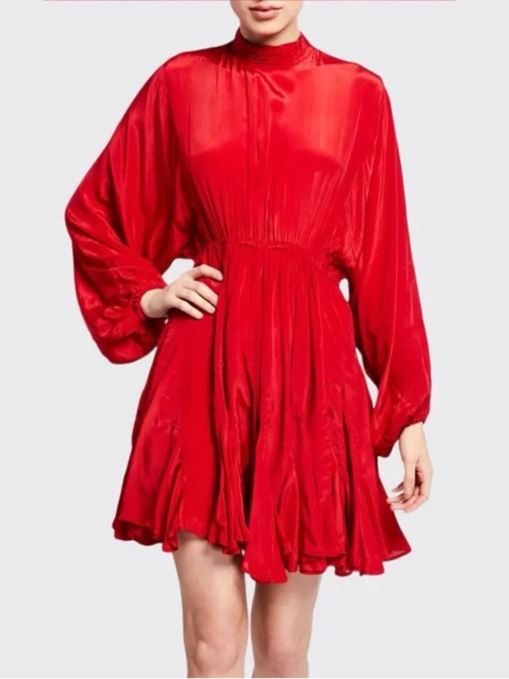 Rhode Caroline Godet Red Long-Sleeve Flowy Mini Dress